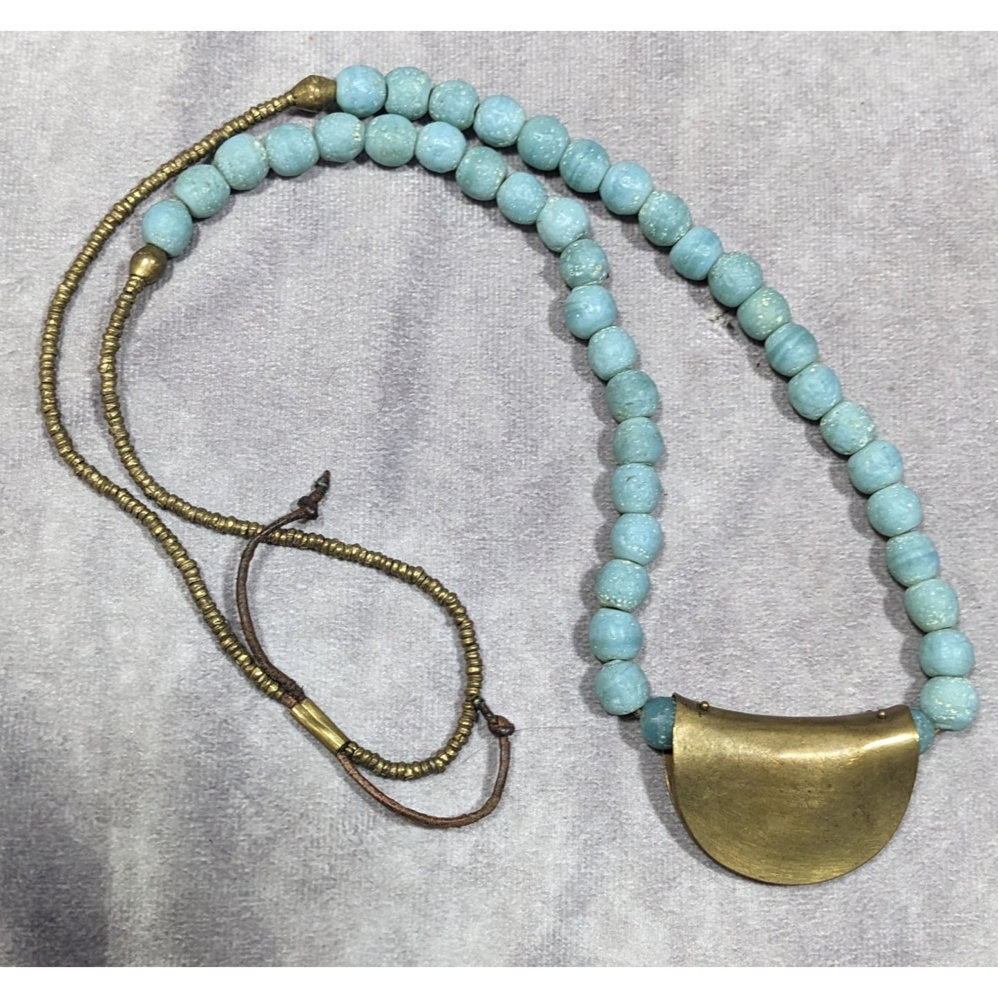 Brutalist Bohemian Blue Stone Beaded Bronze Pendant Necklace