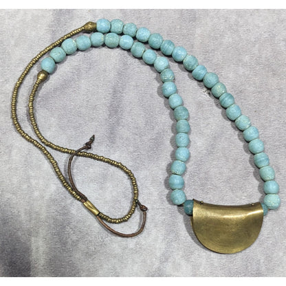 Brutalist Bohemian Blue Stone Beaded Bronze Pendant Necklace