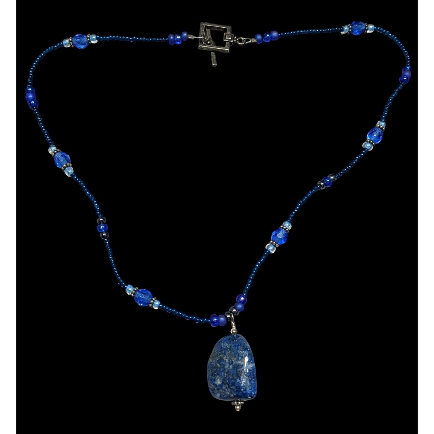 Blue Beaded Necklace With Lapis Lazuli Stone Pendant & Toggle Clasp