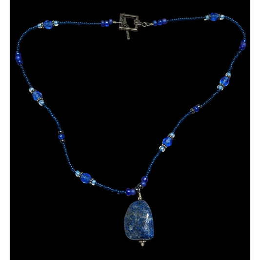 Blue Beaded Necklace With Lapis Lazuli Stone Pendant & Toggle Clasp