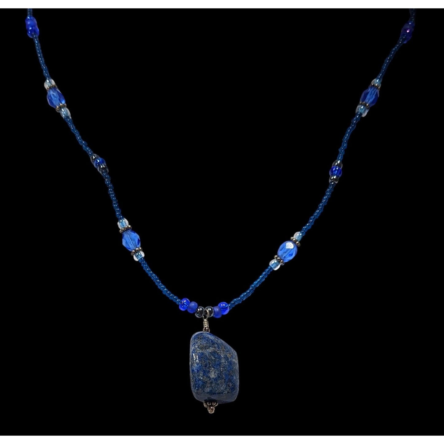 Blue Beaded Necklace With Lapis Lazuli Stone Pendant & Toggle Clasp