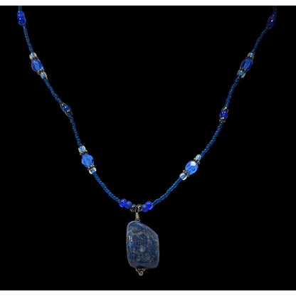 Blue Beaded Necklace With Lapis Lazuli Stone Pendant & Toggle Clasp