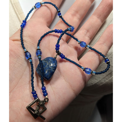 Blue Beaded Necklace With Lapis Lazuli Stone Pendant & Toggle Clasp