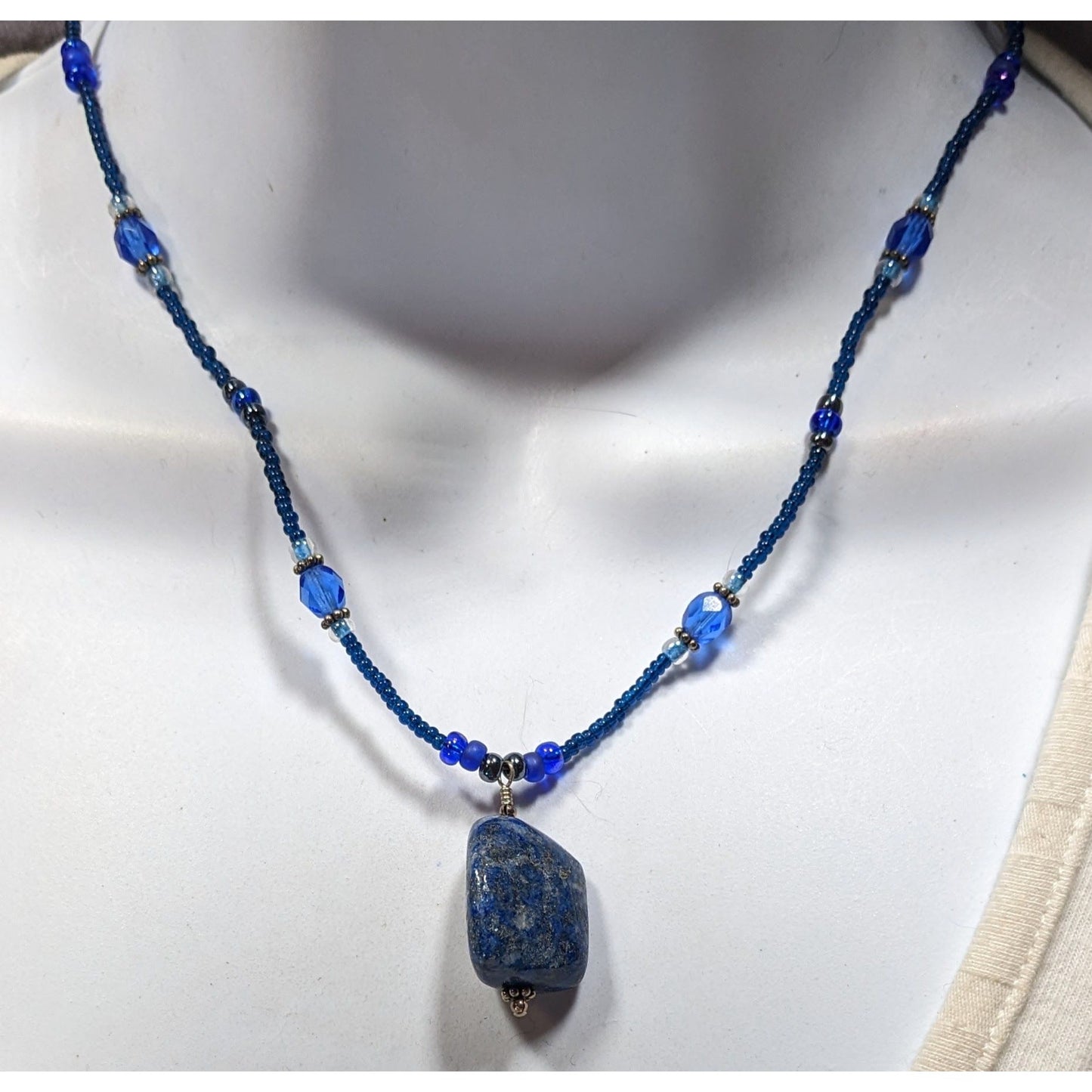 Blue Beaded Necklace With Lapis Lazuli Stone Pendant & Toggle Clasp