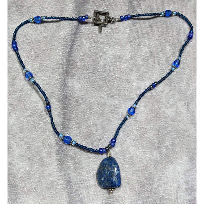 Blue Beaded Necklace With Lapis Lazuli Stone Pendant & Toggle Clasp