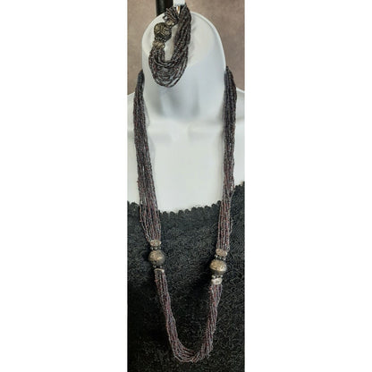 Purple Oil Slick Glass Beaded Necklace & Stretch Bracelet Set
