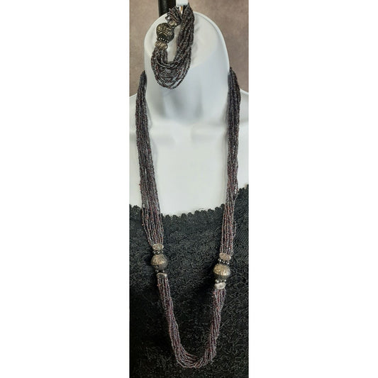 Purple Oil Slick Glass Beaded Necklace & Stretch Bracelet Set