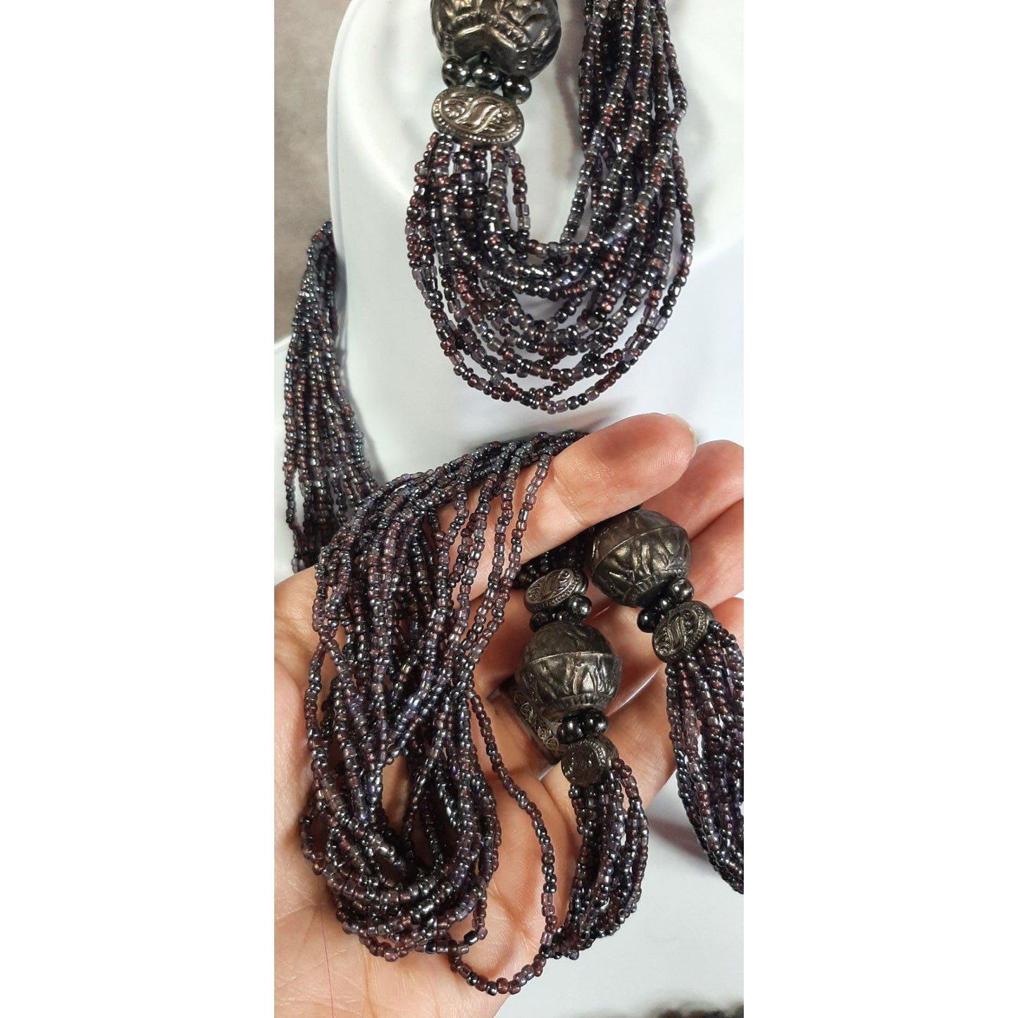 Purple Oil Slick Glass Beaded Necklace & Stretch Bracelet Set