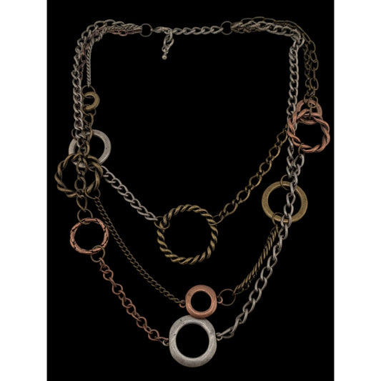 Distressed Layered Geometric Multi-Tone Necklace With Round Metal Rings & Chains