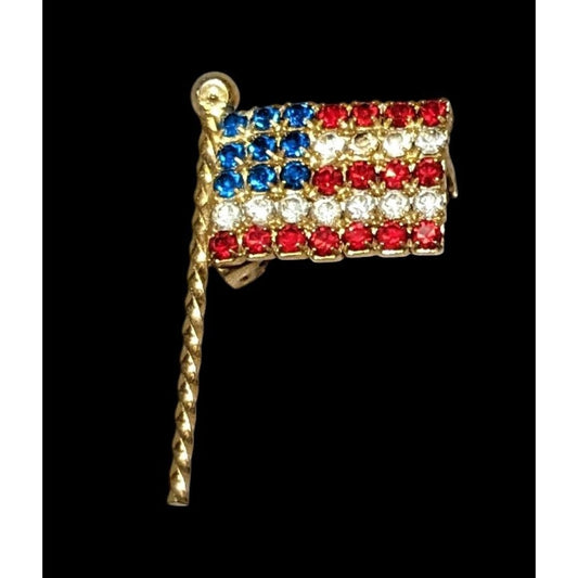 Vintage Gold Tone Rhinestone American Flag Brooch