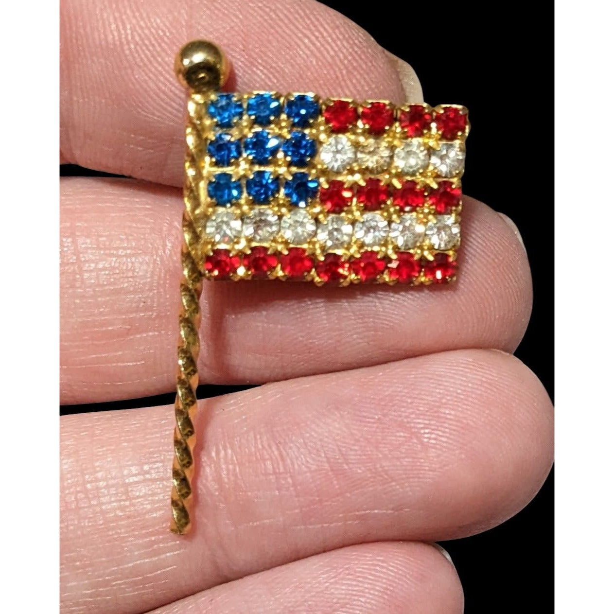 Vintage Gold Tone Rhinestone American Flag Brooch