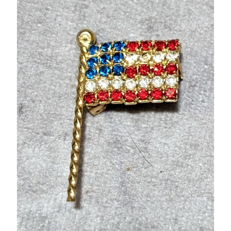 Vintage Gold Tone Rhinestone American Flag Brooch