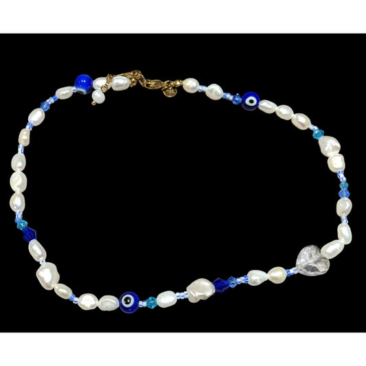 Elegant Whimsical Pearl And Evil Eye Glass Beaded Necklace