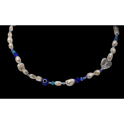 Elegant Whimsical Pearl And Evil Eye Glass Beaded Necklace