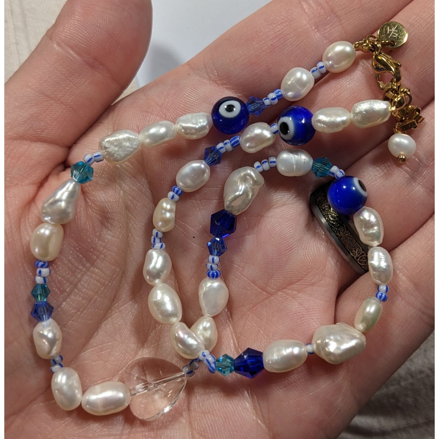Elegant Whimsical Pearl And Evil Eye Glass Beaded Necklace