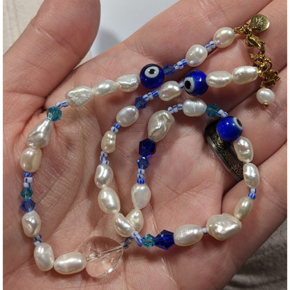 Elegant Whimsical Pearl And Evil Eye Glass Beaded Necklace