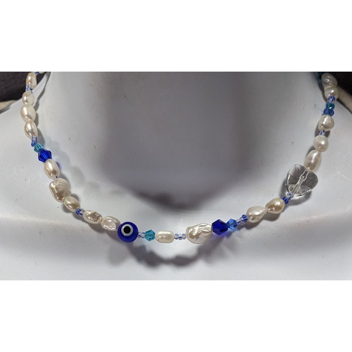 Elegant Whimsical Pearl And Evil Eye Glass Beaded Necklace
