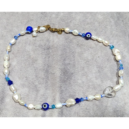 Elegant Whimsical Pearl And Evil Eye Glass Beaded Necklace