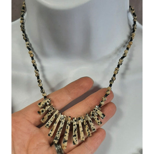 Funky Dalmatian Jasper Beaded Necklace With Graduated Pillars
