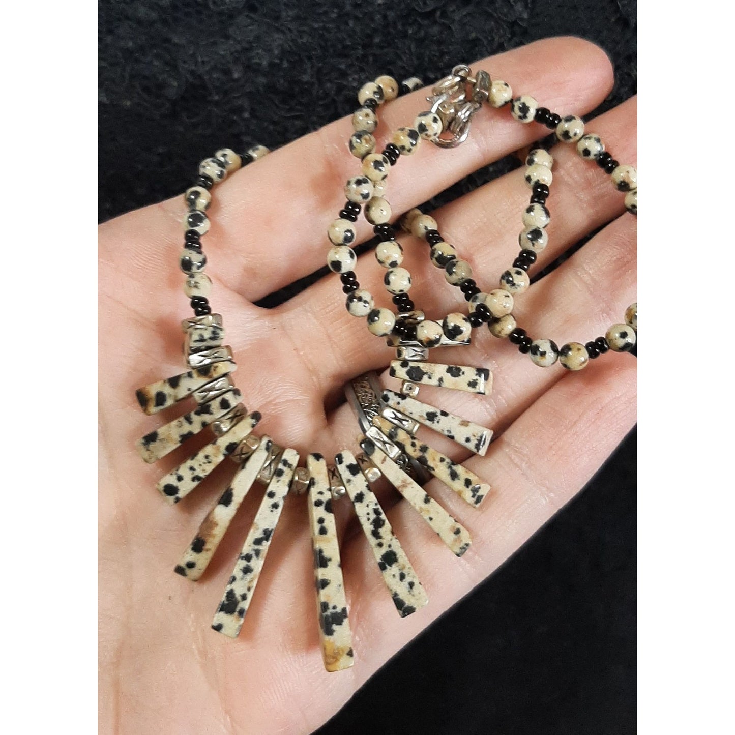 Funky Dalmatian Jasper Beaded Necklace With Graduated Pillars