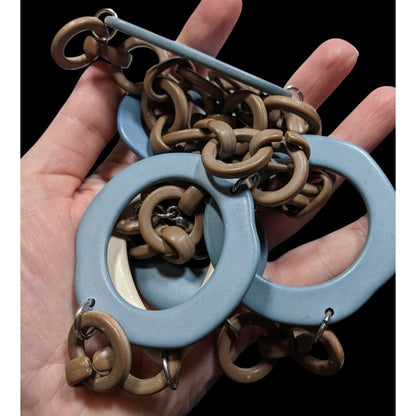 Retro Chunky Link Necklace With Large Blue & Beige Resin Geometric Shapes