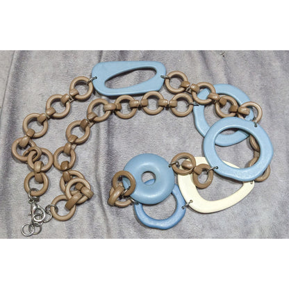 Retro Chunky Link Necklace With Large Blue & Beige Resin Geometric Shapes