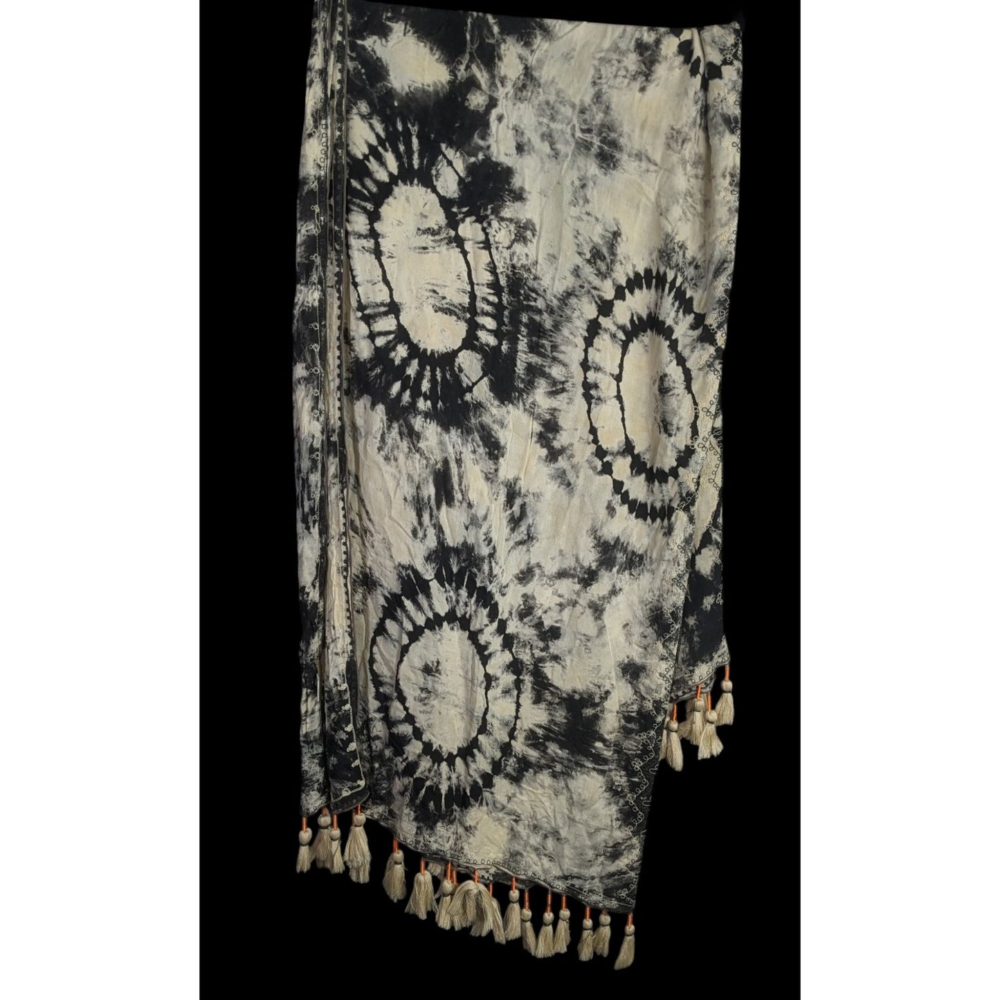 Vintage Skemo Tie-Dye Black & White Rayon Tassel Scarf Handmade In Indonesia With Embroidered Bohemian Accents