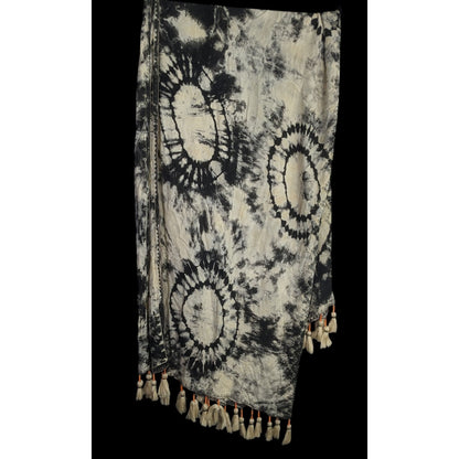 Vintage Skemo Tie-Dye Black & White Rayon Tassel Scarf Handmade In Indonesia With Embroidered Bohemian Accents