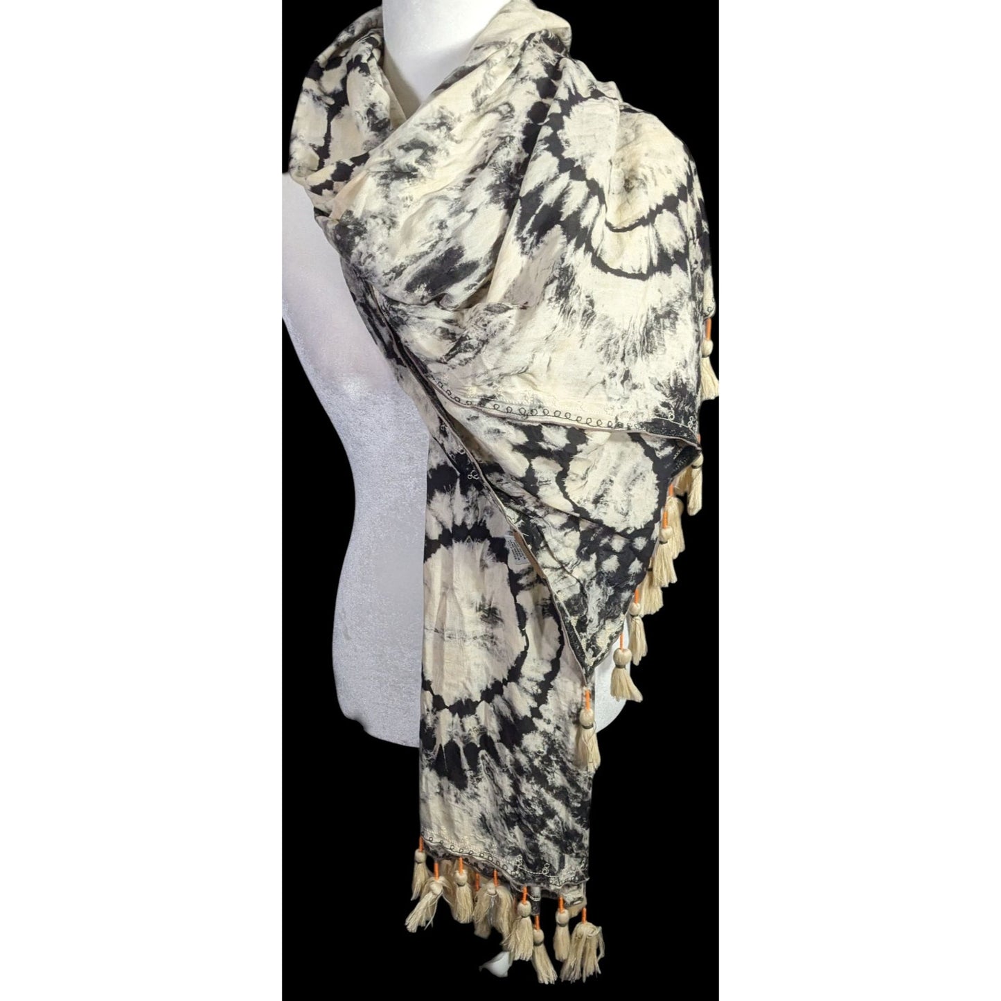 Vintage Skemo Tie-Dye Black & White Rayon Tassel Scarf Handmade In Indonesia With Embroidered Bohemian Accents