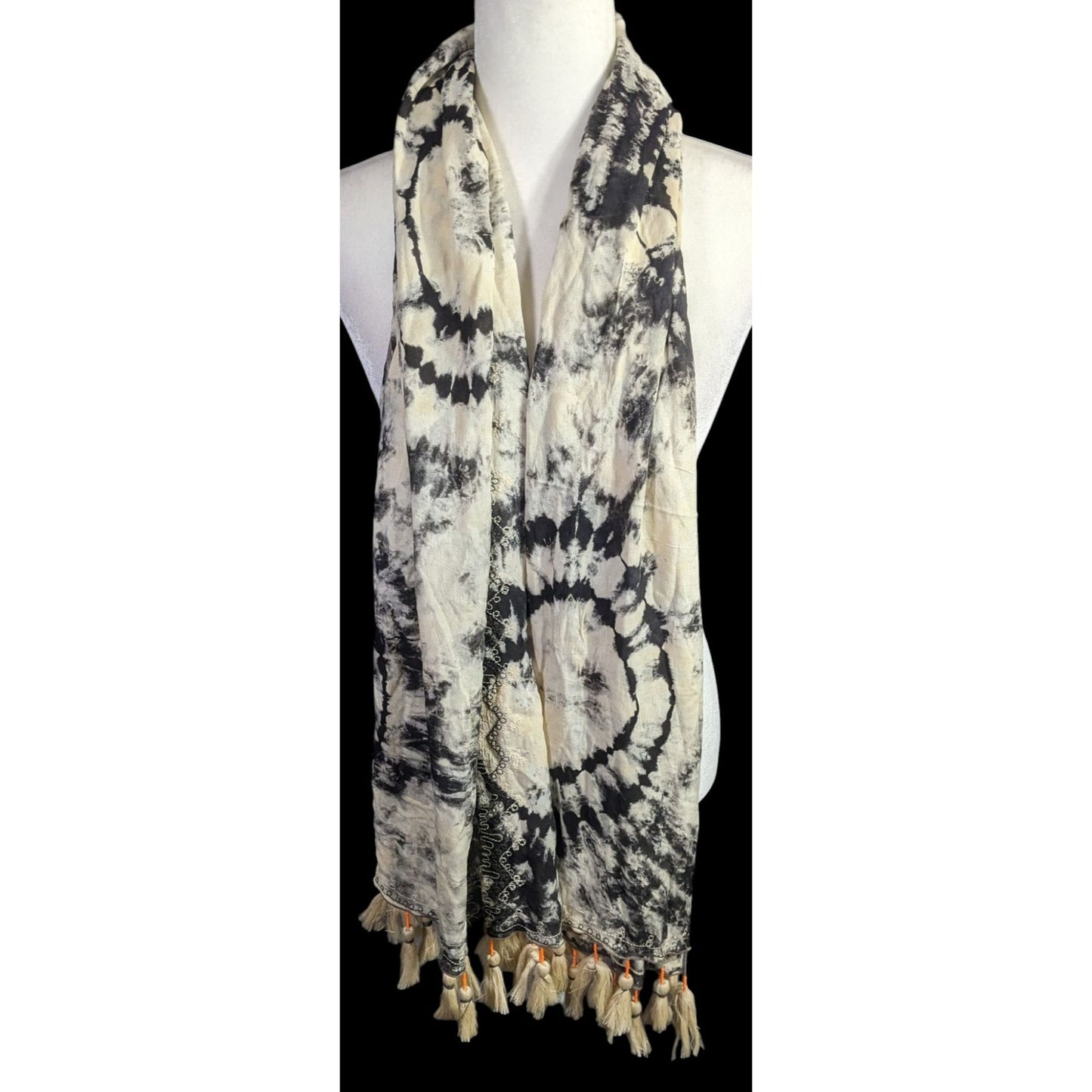 Vintage Skemo Tie-Dye Black & White Rayon Tassel Scarf Handmade In Indonesia With Embroidered Bohemian Accents