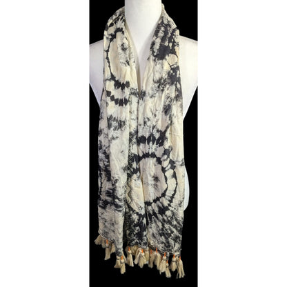 Vintage Skemo Tie-Dye Black & White Rayon Tassel Scarf Handmade In Indonesia With Embroidered Bohemian Accents