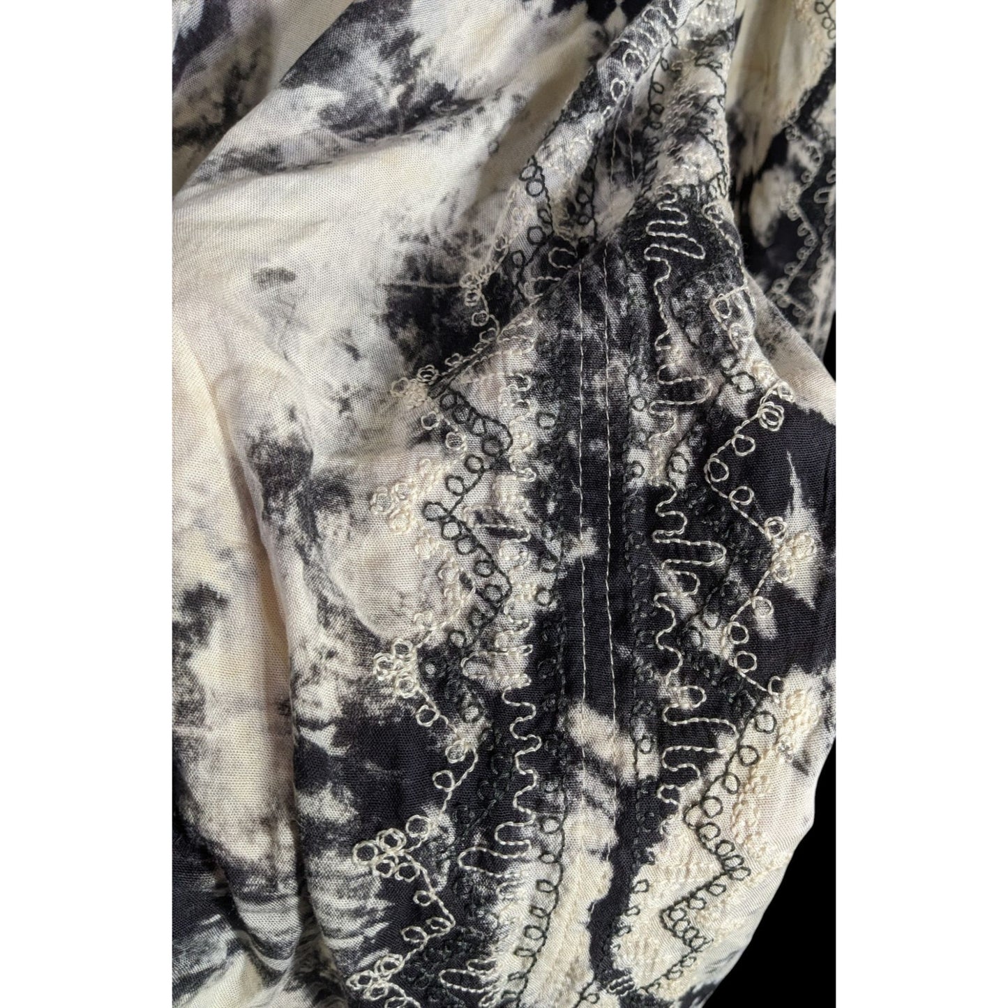 Vintage Skemo Tie-Dye Black & White Rayon Tassel Scarf Handmade In Indonesia With Embroidered Bohemian Accents