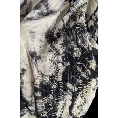 Vintage Skemo Tie-Dye Black & White Rayon Tassel Scarf Handmade In Indonesia With Embroidered Bohemian Accents