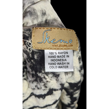 Vintage Skemo Tie-Dye Black & White Rayon Tassel Scarf Handmade In Indonesia With Embroidered Bohemian Accents