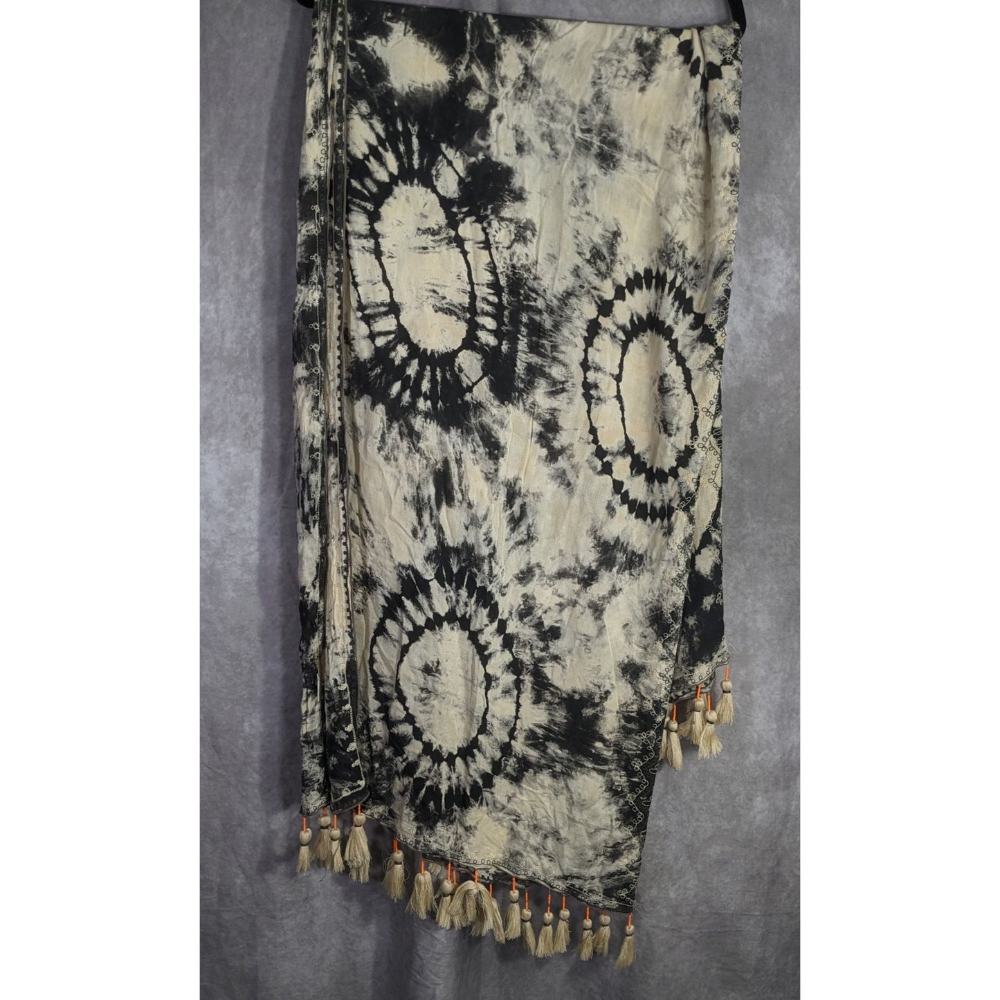 Vintage Skemo Tie-Dye Black & White Rayon Tassel Scarf Handmade In Indonesia With Embroidered Bohemian Accents
