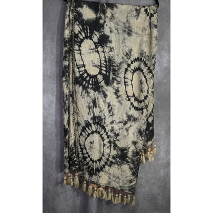Vintage Skemo Tie-Dye Black & White Rayon Tassel Scarf Handmade In Indonesia With Embroidered Bohemian Accents