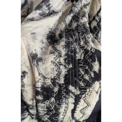 Vintage Skemo Tie-Dye Black & White Rayon Tassel Scarf Handmade In Indonesia With Embroidered Bohemian Accents