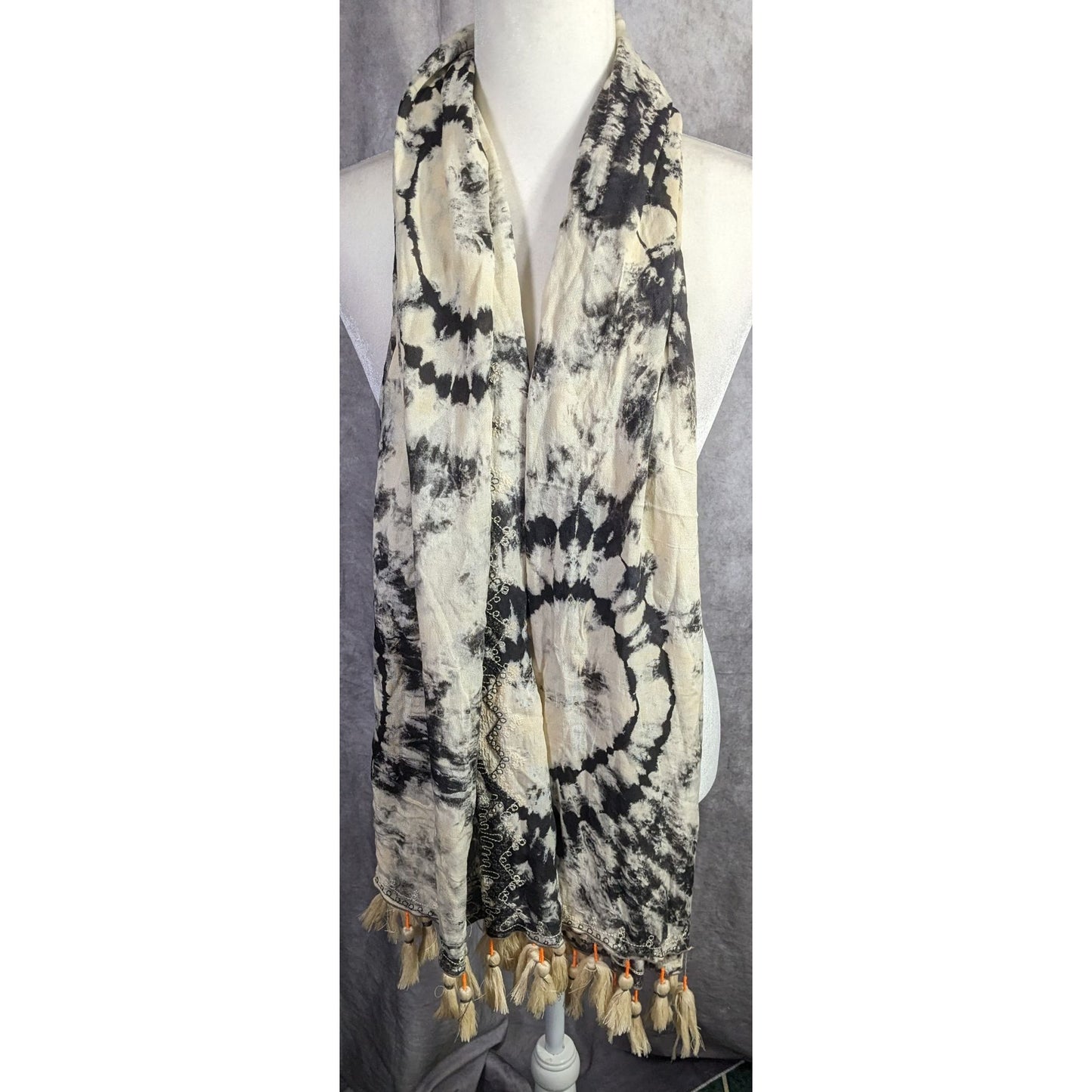Vintage Skemo Tie-Dye Black & White Rayon Tassel Scarf Handmade In Indonesia With Embroidered Bohemian Accents