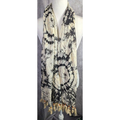 Vintage Skemo Tie-Dye Black & White Rayon Tassel Scarf Handmade In Indonesia With Embroidered Bohemian Accents