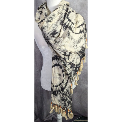 Vintage Skemo Tie-Dye Black & White Rayon Tassel Scarf Handmade In Indonesia With Embroidered Bohemian Accents