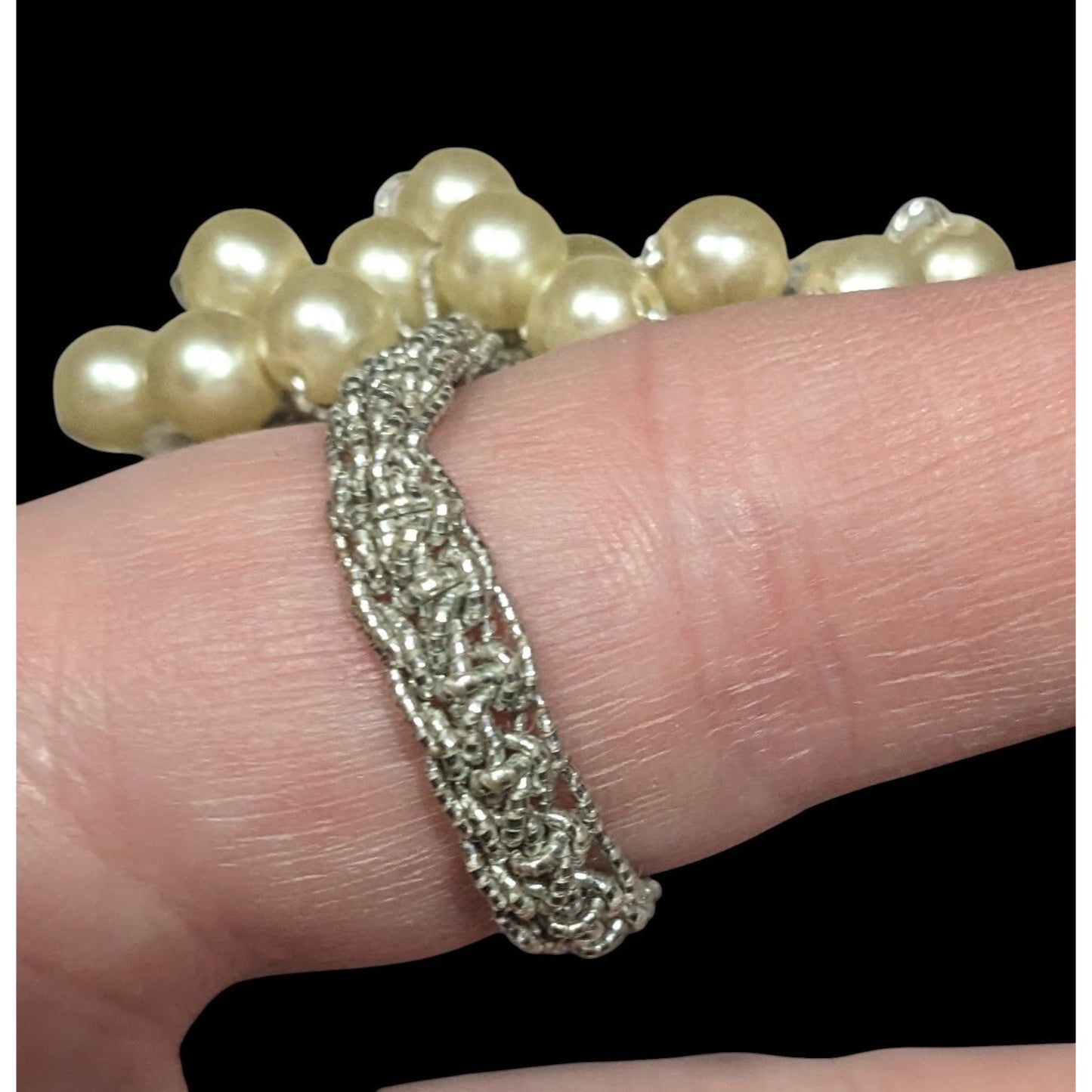 Elegant Glam Faux Pearl Cluster Beaded Stretch Ring Size 9