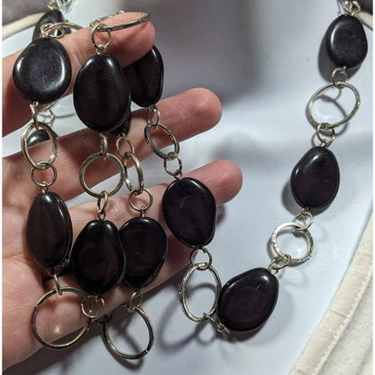 Black Beaded Silver Tone Ring Chain Opera Necklace