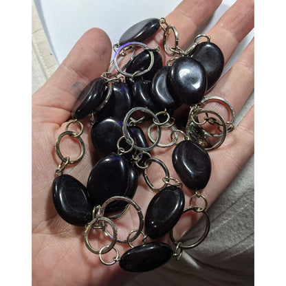 Black Beaded Silver Tone Ring Chain Opera Necklace