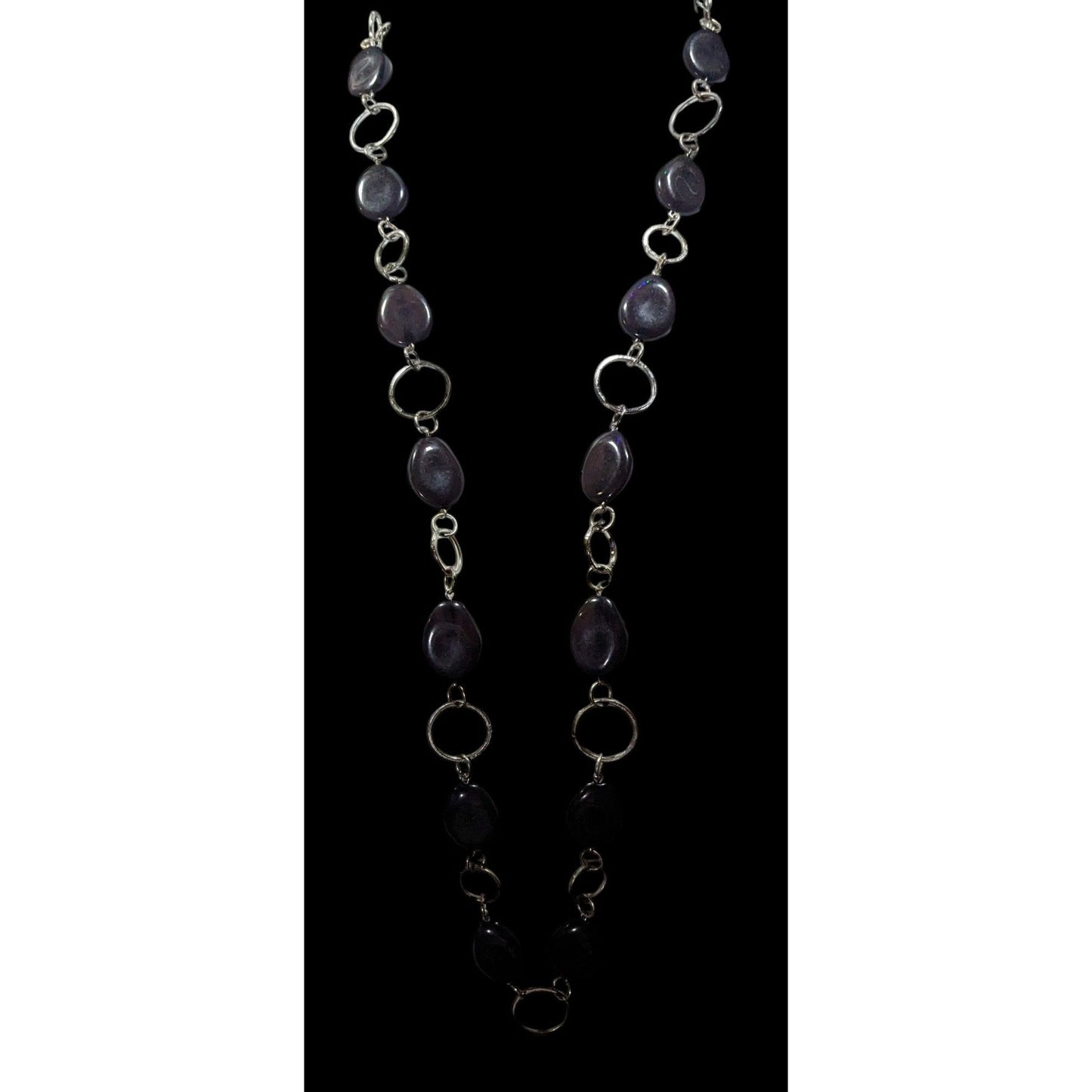 Black Beaded Silver Tone Ring Chain Opera Necklace