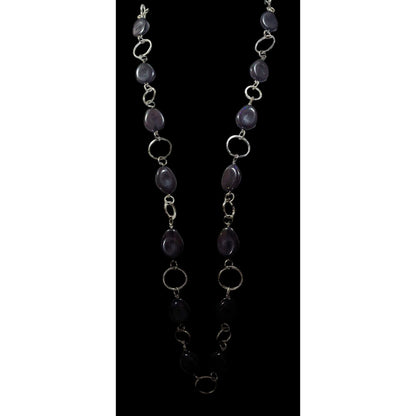 Black Beaded Silver Tone Ring Chain Opera Necklace