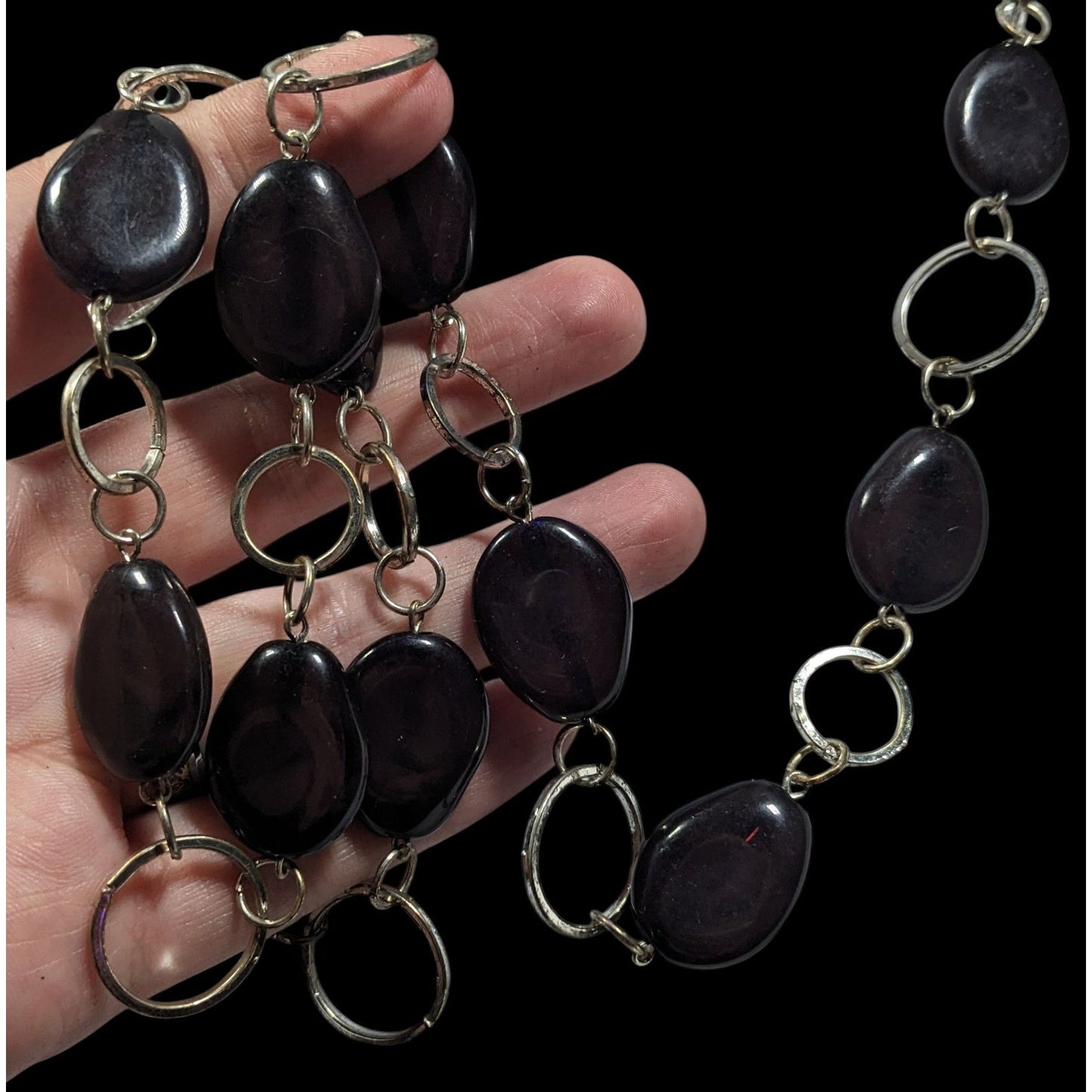 Black Beaded Silver Tone Ring Chain Opera Necklace