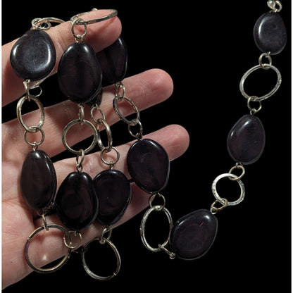 Black Beaded Silver Tone Ring Chain Opera Necklace