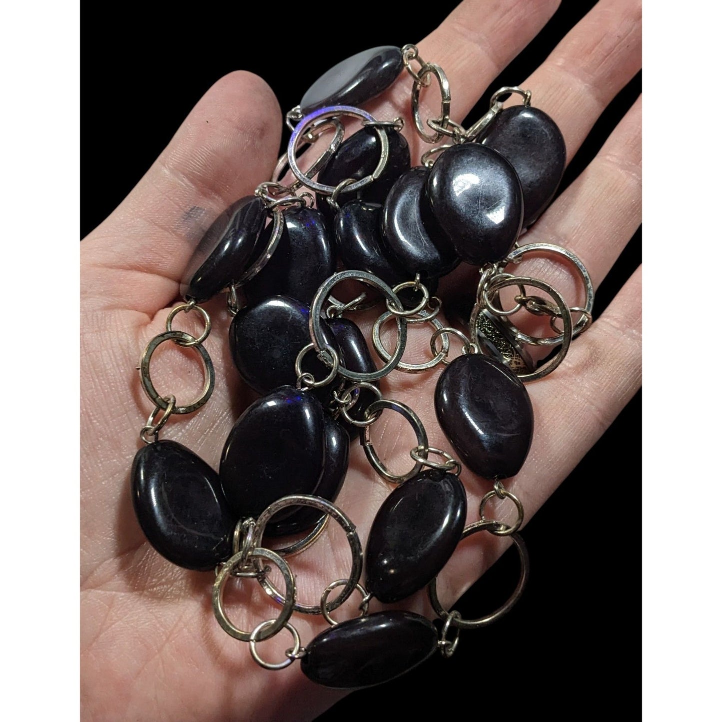 Black Beaded Silver Tone Ring Chain Opera Necklace