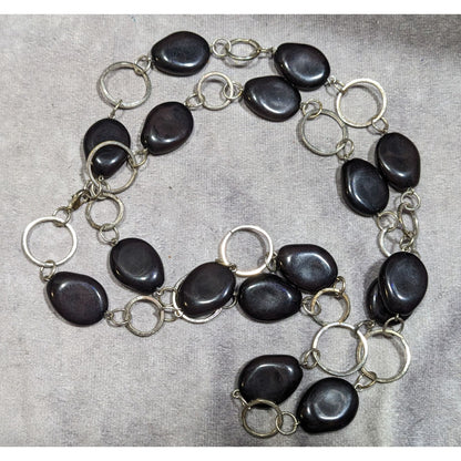 Black Beaded Silver Tone Ring Chain Opera Necklace