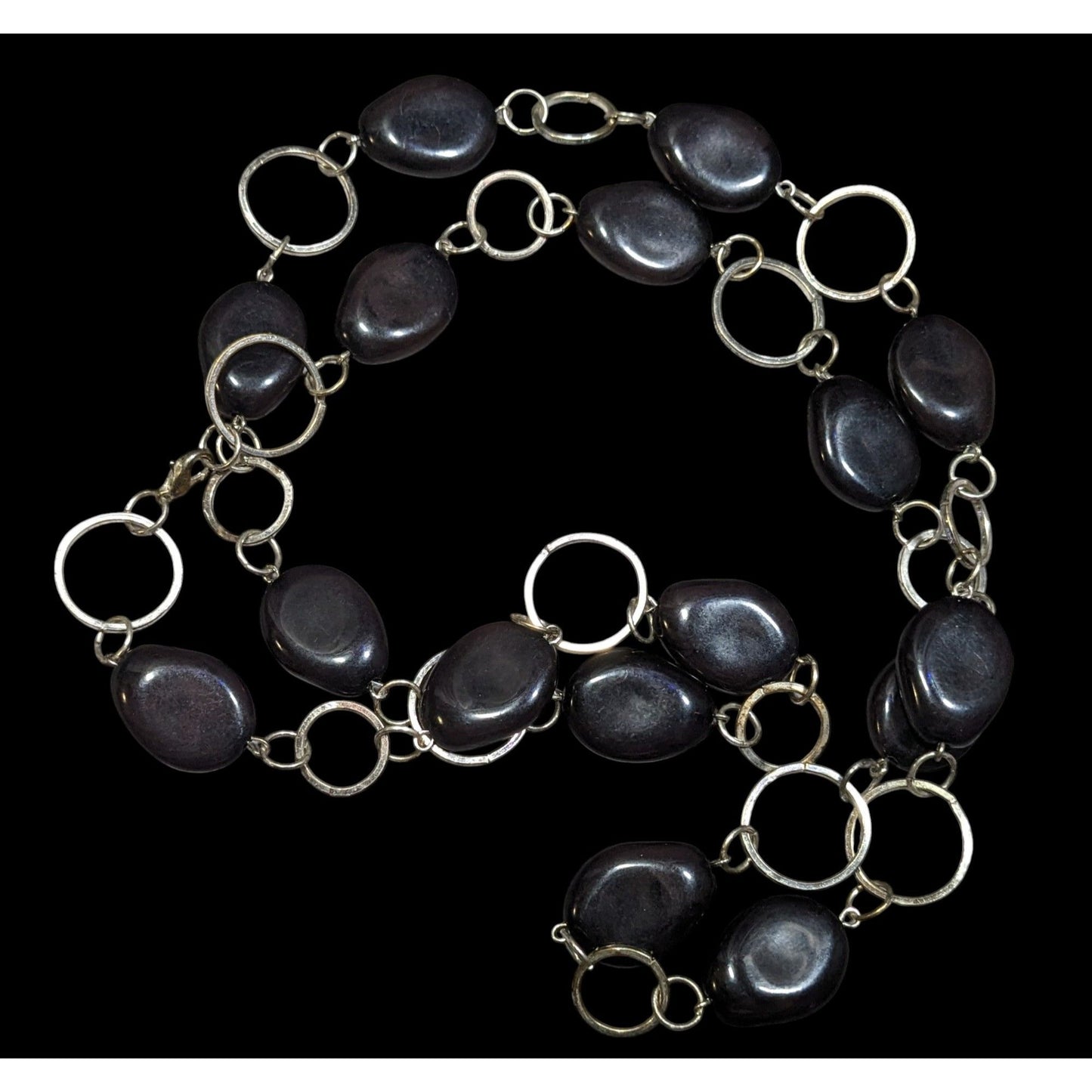 Black Beaded Silver Tone Ring Chain Opera Necklace